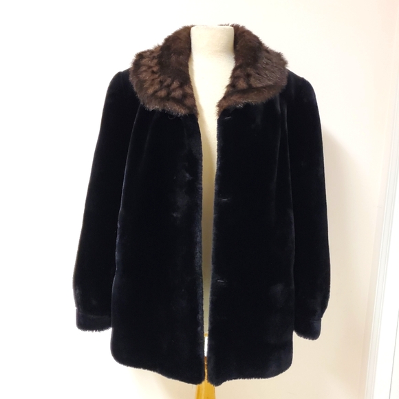 Vintage Black Fur Coat Contrast Brown Collar - Picture 7 of 10